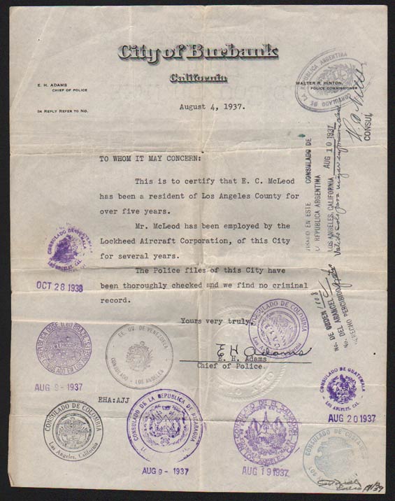 Letter of Introduction, Burbank Police Department, August 4, 1937